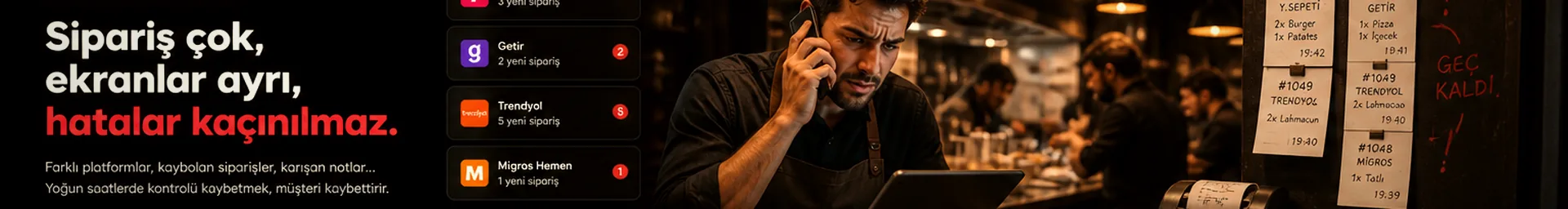 Birden fazla tablet, dağınık ekranlar, sipariş kaçırma